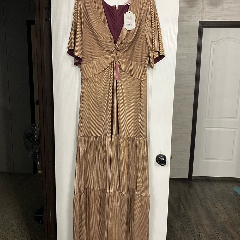Ivy City Co Gold Metallic Tiered Maxi Dress with Burgundy Lining
